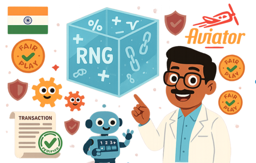 Educational cartoon illustration of Aviator game RNG algorithm and blockchain fairness with Indian tech expert explaining transparency