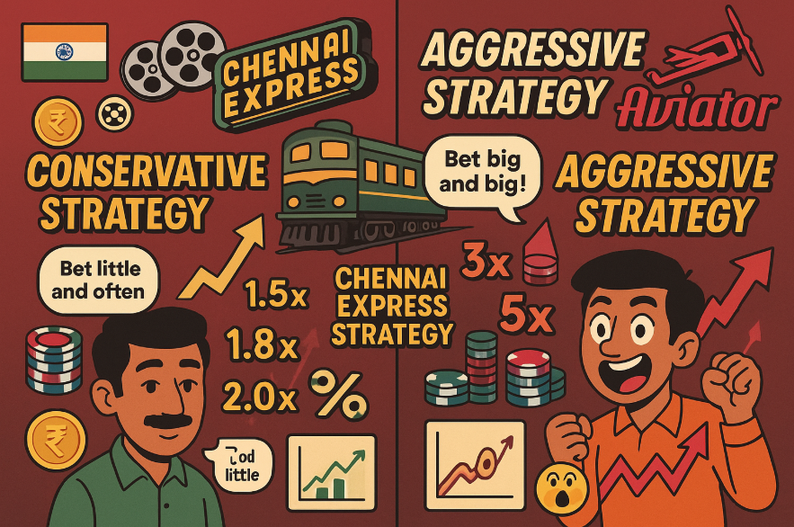 Split-screen cartoon infographic showing conservative vs aggressive Aviator betting strategies with Chennai Express and Bollywood methods