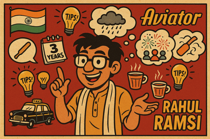 Retro cartoon illustration of Rahul Ramsi sharing expert Aviator gaming tips with Indian cultural elements and 3 years experience