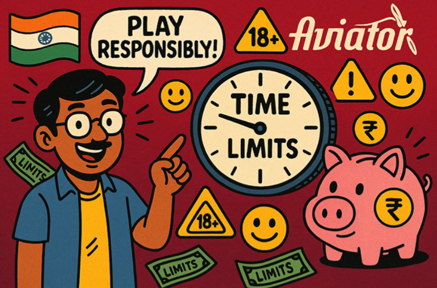 Comic book style cartoon illustration of responsible gaming practices for Aviator with Indian character showing time limits and bankroll management