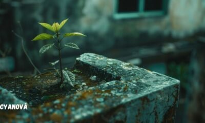 a plant growing out of a concrete block