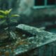 a plant growing out of a concrete block