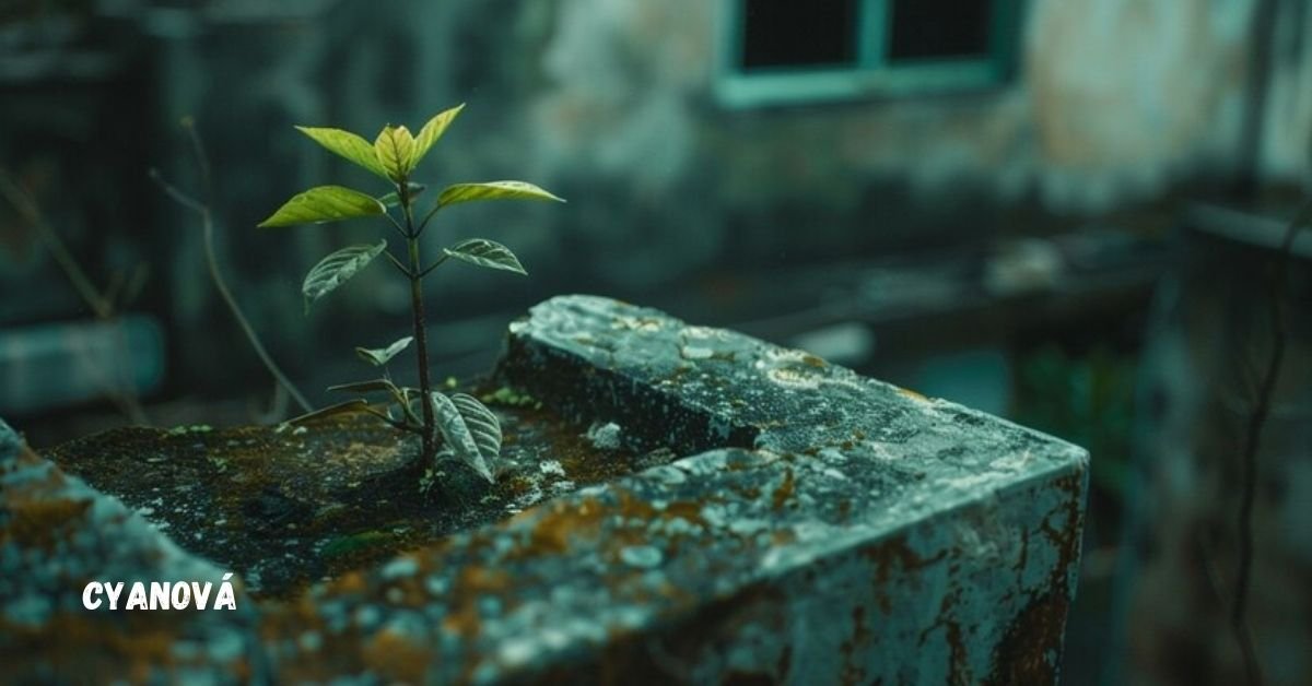 a plant growing out of a concrete block