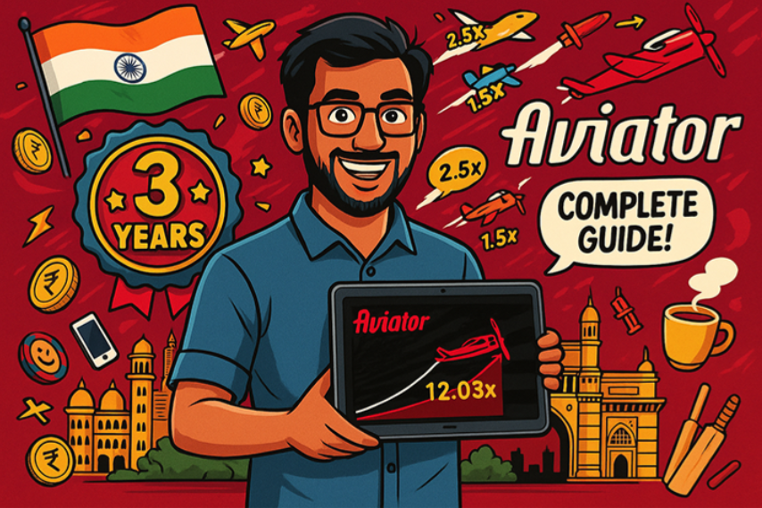 Cartoon header image showing Rahul Ramsi's complete guide to Aviator game with 3 years experience, Indian gaming expert with Mumbai background