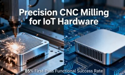Figure 1: CNC milling machine manufacturing an aluminum IoT gateway enclosure with heat sinks, showing high precision and smooth surface finish.