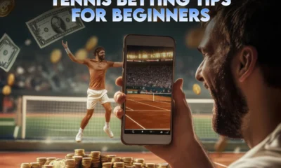 Tennis betting tips for beginners showing a player celebrating, mobile tennis match view, & coins representing betting wins.