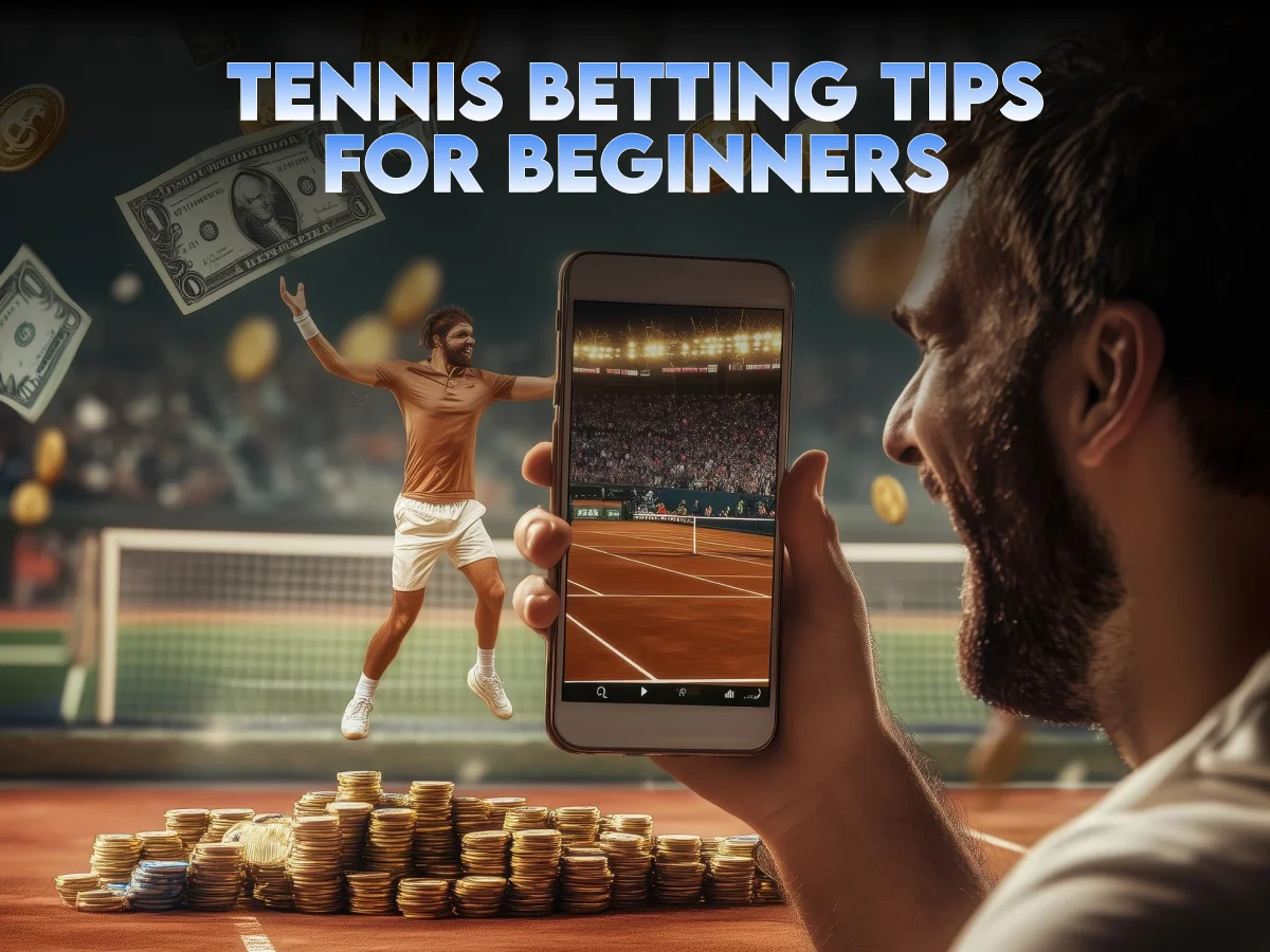 Tennis betting tips for beginners showing a player celebrating, mobile tennis match view, & coins representing betting wins.