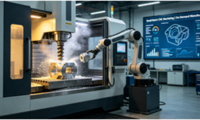 Modern CNC machining center with robotic automation performing small batch production, digital display showing on-demand manufacturing status in a clean factory environment.