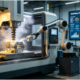 Modern CNC machining center with robotic automation performing small batch production, digital display showing on-demand manufacturing status in a clean factory environment.