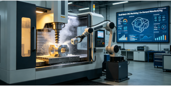 Modern CNC machining center with robotic automation performing small batch production, digital display showing on-demand manufacturing status in a clean factory environment.